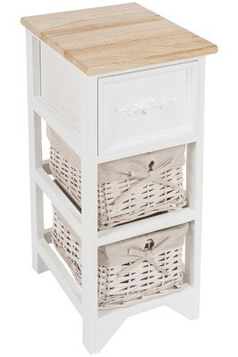 Kommode mit 1 Schublade &amp; 2 Rattan Körben – Landhausstyle, Weiss