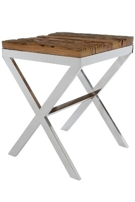 Beistelltisch Xentury – Holzschwellen, X-förmiges Metallgestell, Glasplatte