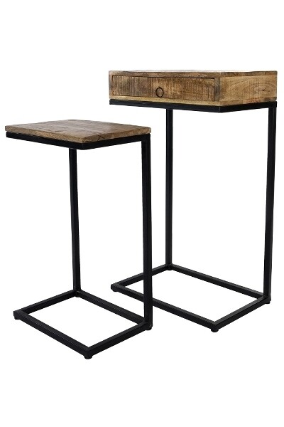 Beistelltischset Basel – 2-teilig, Holzplatte, Metallgestell Schwarz, Modern