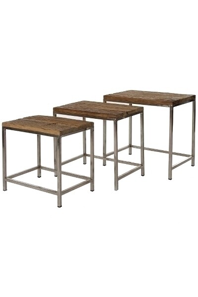 Beistelltischset Leno – 3-teilig, rustikale Holzschwellen, Metallgestell, platzsparend