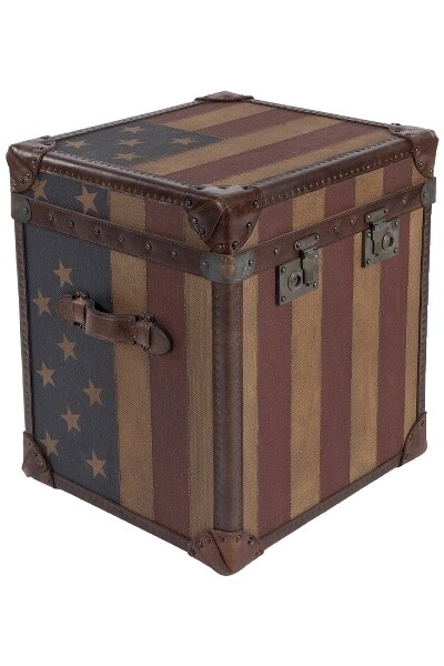 London Truhe Stars &amp; Stripes USA – Braunes Rindsleder, Flaggenmuster, stabile Metallverschlüsse