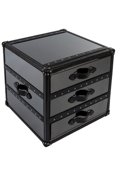 Stonyhurst grosser Lampentisch – Black Steel, Rindsleder, antike Eiche, 3 Schubladen