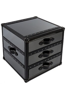 Stonyhurst grosser Lampentisch – Black Steel, Rindsleder, antike Eiche, 3 Schubladen