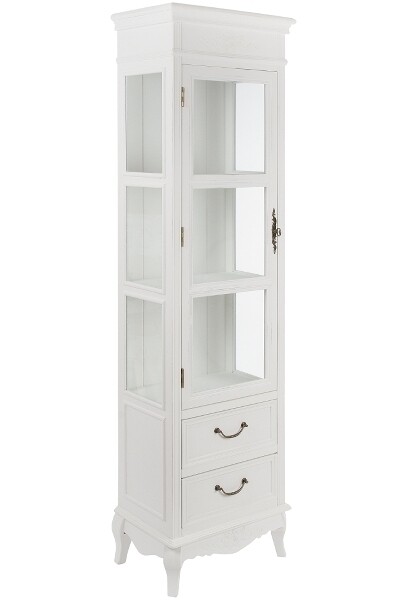 Vitrine Elegance – 2 Schubladen, Landhausstil, weiss antik, Rosenverzierungen