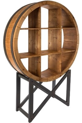 Wandregal Colonial – Rundes Weinfass-Regal, Weinregal, Holz und schwarzes Metallgestell