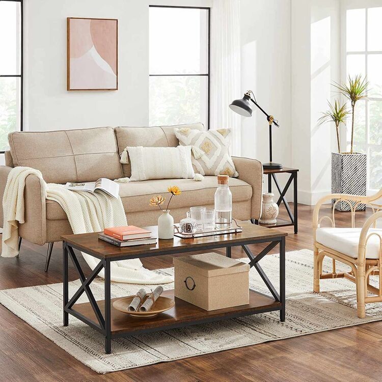 Couchtisch X-förmige Streben, mit Stahlgestell und Ablagen, Industrie-Design, Landhausstil, vintagebraun-schwarz