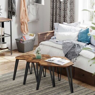 3er Set Beistelltisch mit Metallbeinen Couchtisch Industrial-Style vintagebraun-schwarz