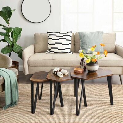 3er Set Beistelltisch mit Metallbeinen Couchtisch Industrial-Style vintagebraun-schwarz
