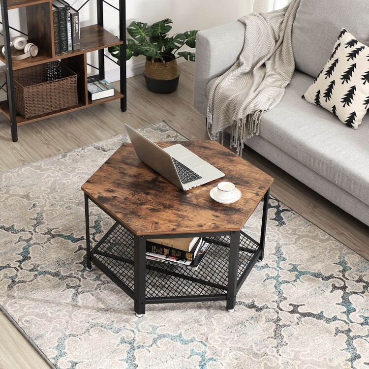 Couchtisch Vintage, Kaffeetisch Hexagon mit Metallgestell und Gitterablage