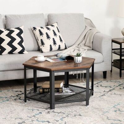 Couchtisch Vintage, Kaffeetisch Hexagon mit Metallgestell und Gitterablage
