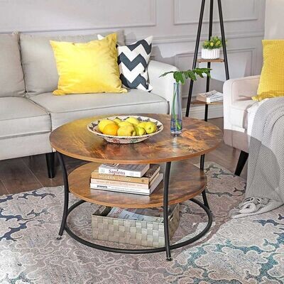 Couchtisch rund mit Eisengestell Sofatisch Wohnzimmertisch mit Ablage Vintage Industrie-Design