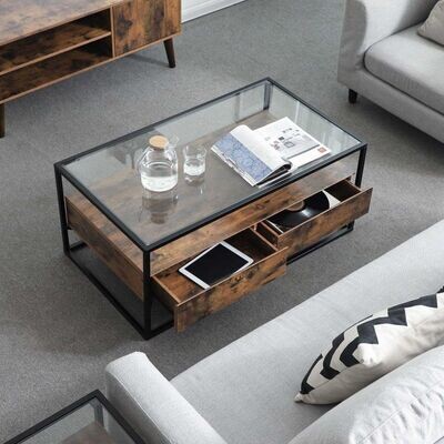 Couchtisch Wohnzimmertisch Glastisch Sofatisch stabil, mit 2 Schubladen Industrie Design vintage braun-schwarz