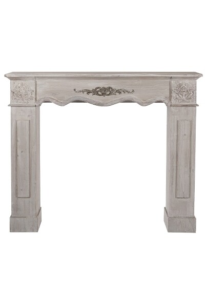Cheminée-Konsole / Kaminumrandung William – Vollholz, Shabby Chic Landhausstil, antik graubraun, 116x20x102 cm