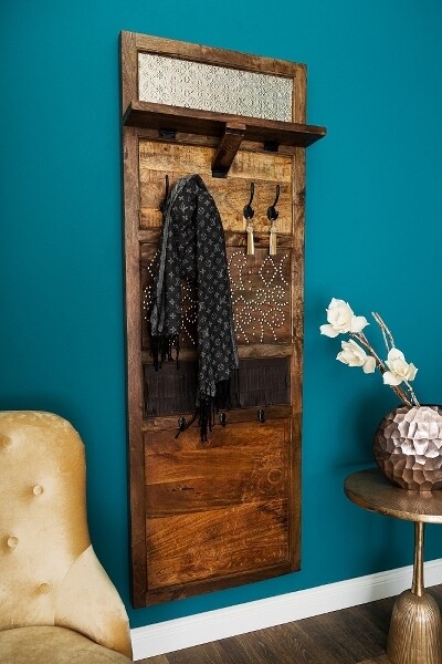 Holz Garderobe mit Lederverzierungen - Dunkelbraun