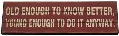 Holzschild &quot;Old enough to know better, young enough to do it anyway&quot;
