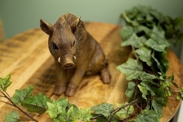 Wildschwein, sitzend, aus Steinharz