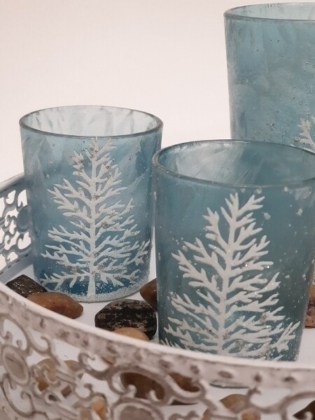 Weihnachtliches Teelichthalterset "Frozen" türkis/silber
