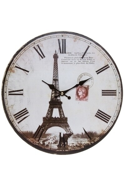 Wanduhr Eiffelturm II Paris MDF, Postkartendesign weiss/schwarz antik, 4x34x34 cm