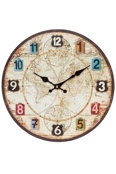 Wanduhr Alte Weltkarte / Globus IV MDF, antikes Design, farbige Stundenanzeigen, 4x34x34 cm