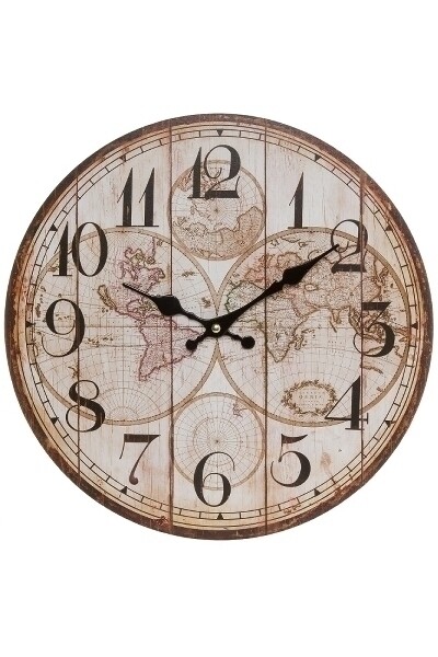 Wanduhr Alte Weltkarte / Globus III MDF, Used-Look Bretteroptik, 34x34x5 cm