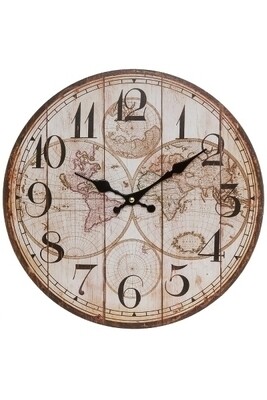Wanduhr Alte Weltkarte / Globus III MDF, Used-Look Bretteroptik, 34x34x5 cm