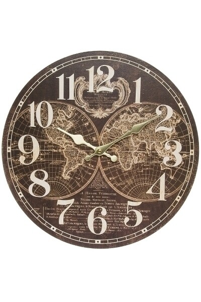 Wanduhr Alte Weltkarte / Globus II MDF, antikes Design, schwarze Metallzeiger, 34x34x5 cm