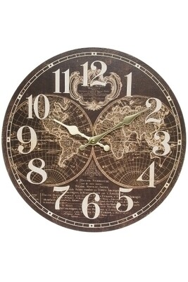 Wanduhr Alte Weltkarte / Globus II MDF, antikes Design, schwarze Metallzeiger, 34x34x5 cm