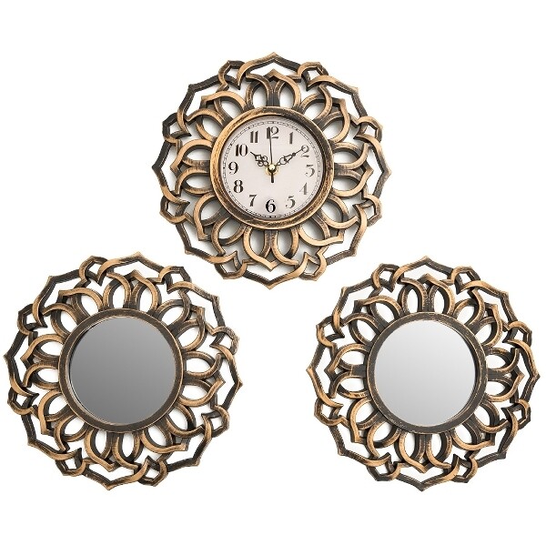 3tlg. Wanddeko Set, 2x Spiegel + 1x Wanduhr