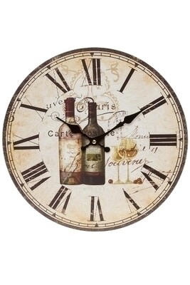 Wanduhr Vin de France Paris MDF, Weinflaschen-Design, schwarze Metallzeiger,