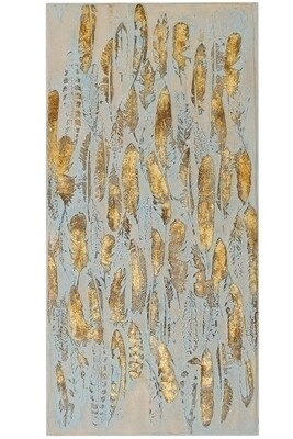 erhabenes Ölbild mit Federn "Madie II", goldfarbend 100 x 50 cm