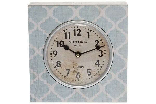 Tischuhr Hellblau Shabby Chic MDF, Ornamentmuster, 10x23x23 cm, dekorativ & praktisch