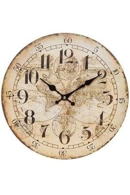 Wanduhr Alte Weltkarte MDF mit Globus-Design, schwarze Metallzeiger, 4x34x34 cm