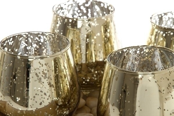 Glaswindlichter Iko 4er Set auf Holztablett goldfarbig, Landhausstil, 25 cm breit
