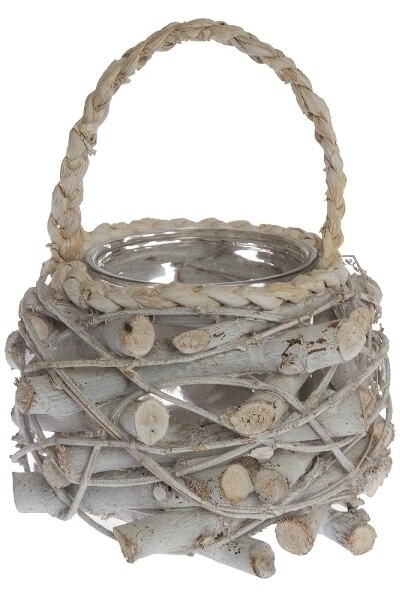 Laterne Kerzenhalter Steve braun/grau, Geflecht Holz &amp; Glas 12 cm, 20x20x25 cm