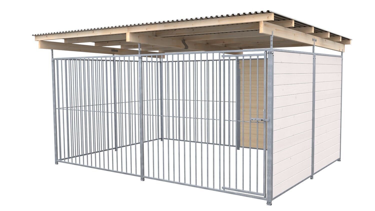 SAUERLAND Hundezwinger 3 x 4 m | 1,5-seitig geschlossen | weiss lasiert | Rohrstab Abstand 8 cm