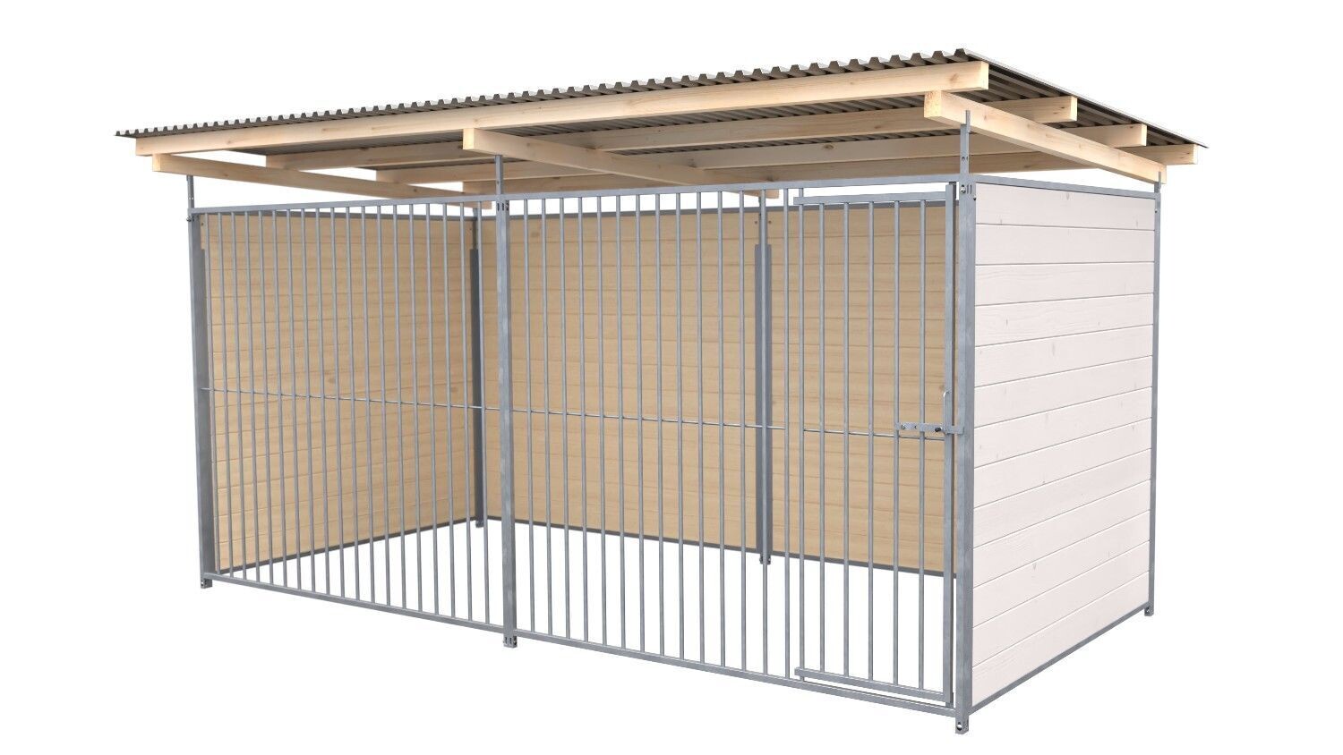 SAUERLAND Hundezwinger 2 x 4 m | 3-seitig geschlossen | weiss lasiert | Rohrstab Abstand 8 cm