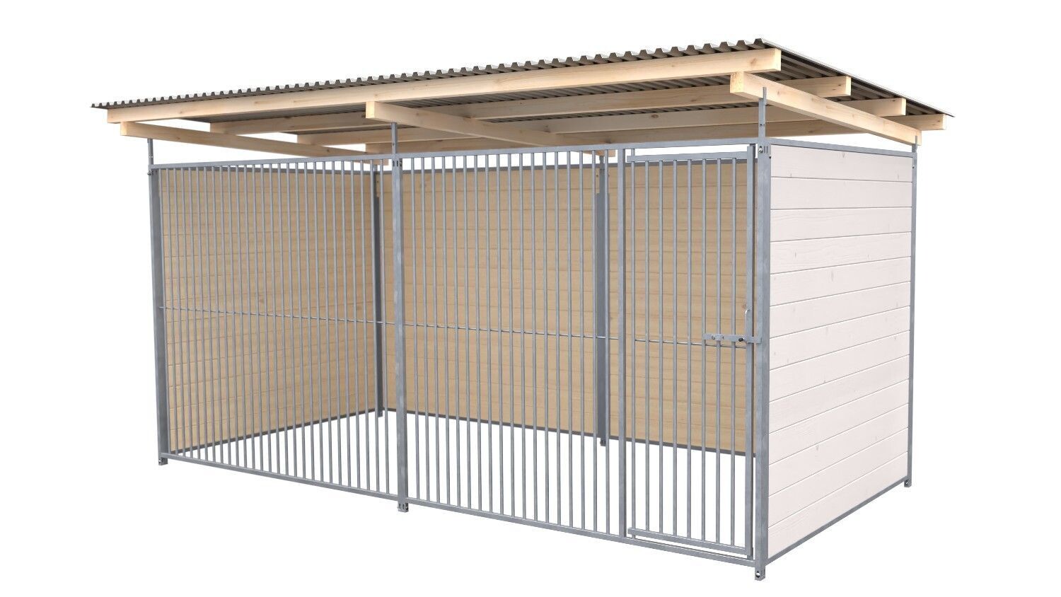SAUERLAND Hundezwinger 2 x 4 m | 3-seitig geschlossen | weiss lasiert | Rohrstab Abstand 5 cm