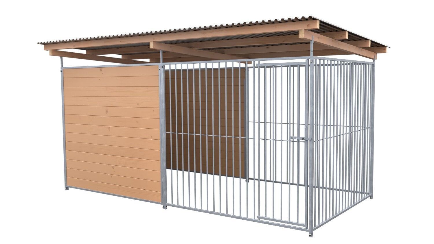 SAUERLAND Hundezwinger 2 x 4 m | hälftig geschlossen | braun imprägniert | Rohrstab Abstand 8 cm