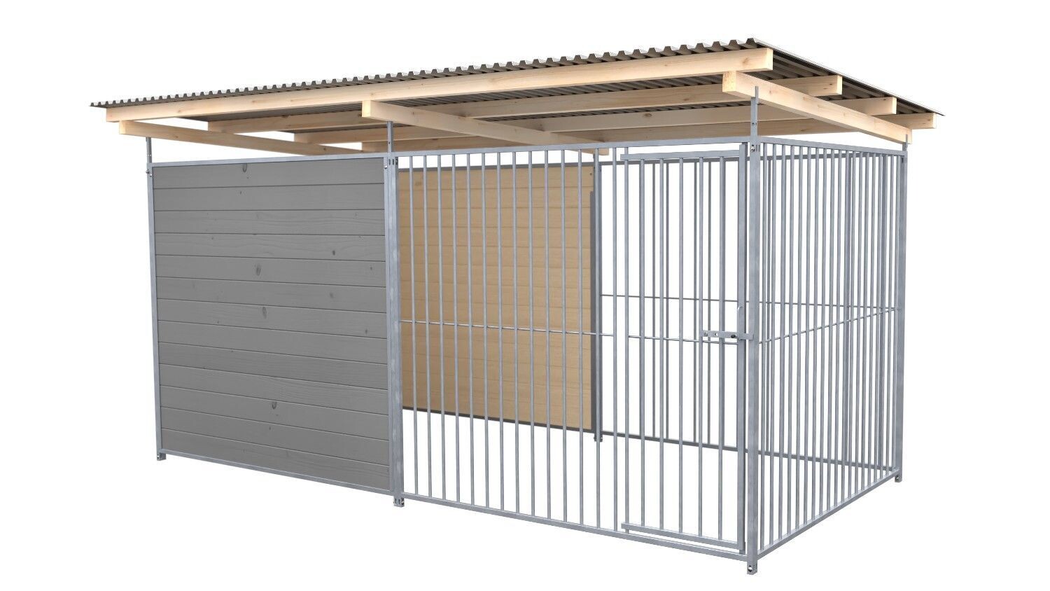 SAUERLAND Hundezwinger 2 x 4 m | hälftig geschlossen | platingrau | Rohrstab Abstand 8 cm