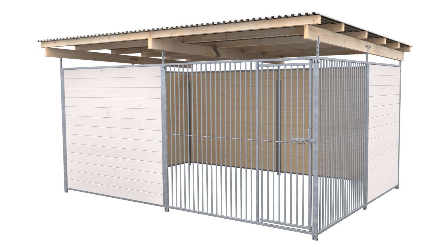 SAUERLAND Hundezwinger 3 x 3 m | offene Ecke | weiss lasiert | Rohrstab Abstand 5 cm