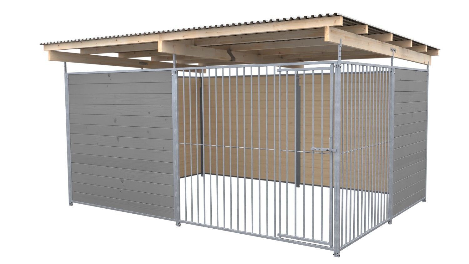 SAUERLAND Hundezwinger 3 x 3 m | offene Ecke | platingrau | Rohrstab Abstand 8 cm