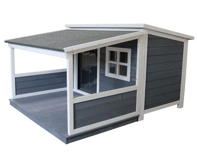 Holz-Hundehütte mit Pultdach und Terrasse, grau-weiss lasiert, wetterfest