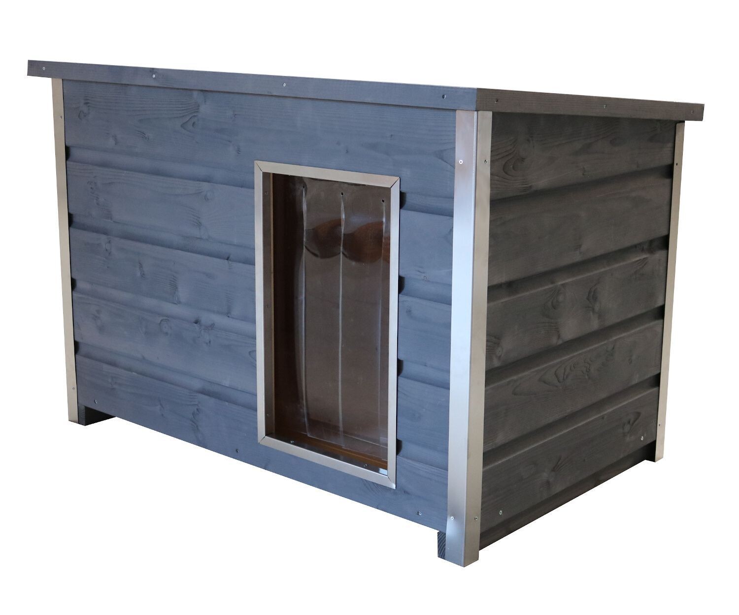 Wetterfeste Holz-Hundehütte grau mit aufklappbarem Flachdach, 110x70x80 cm
