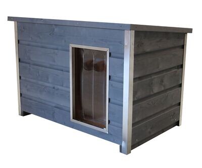 Wetterfeste Holz-Hundehütte grau mit aufklappbarem Flachdach, 110x70x80 cm Wetterfeste Holz-Hundehütte grau mit aufklappbarem Flachdach, 110x70x80 cm