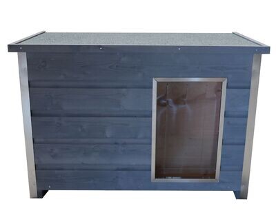 Wetterfeste Holz-Hundehütte grau mit aufklappbarem Flachdach, 110x70x80 cm