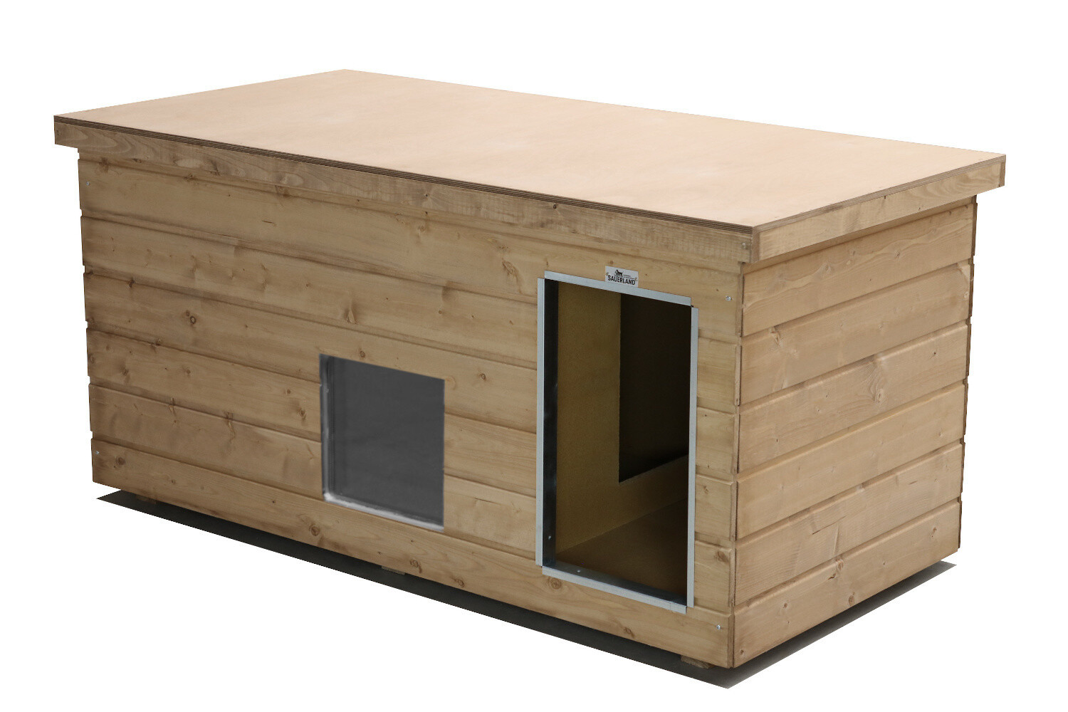Original SAUERLAND Holz-Hundehütte mit Vorraum und Fenster, naturbelassen | Flachdach | Eingang Längsseite | Grösse Lassie