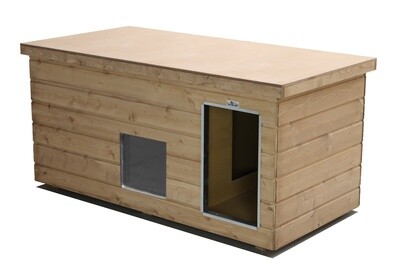 Original SAUERLAND Holz-Hundehütte mit Vorraum und Fenster, naturbelassen | Flachdach | Eingang Längsseite | Grösse Lassie