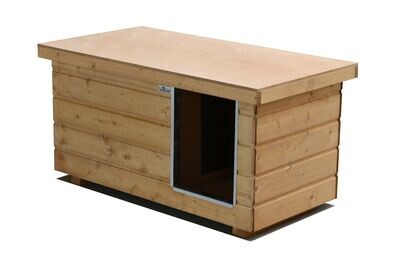 Original SAUERLAND Holz-Hundehütte mit Vorraum, braun imprägniert | Flachdach | Eingang Längsseite | Grösse Napoleon