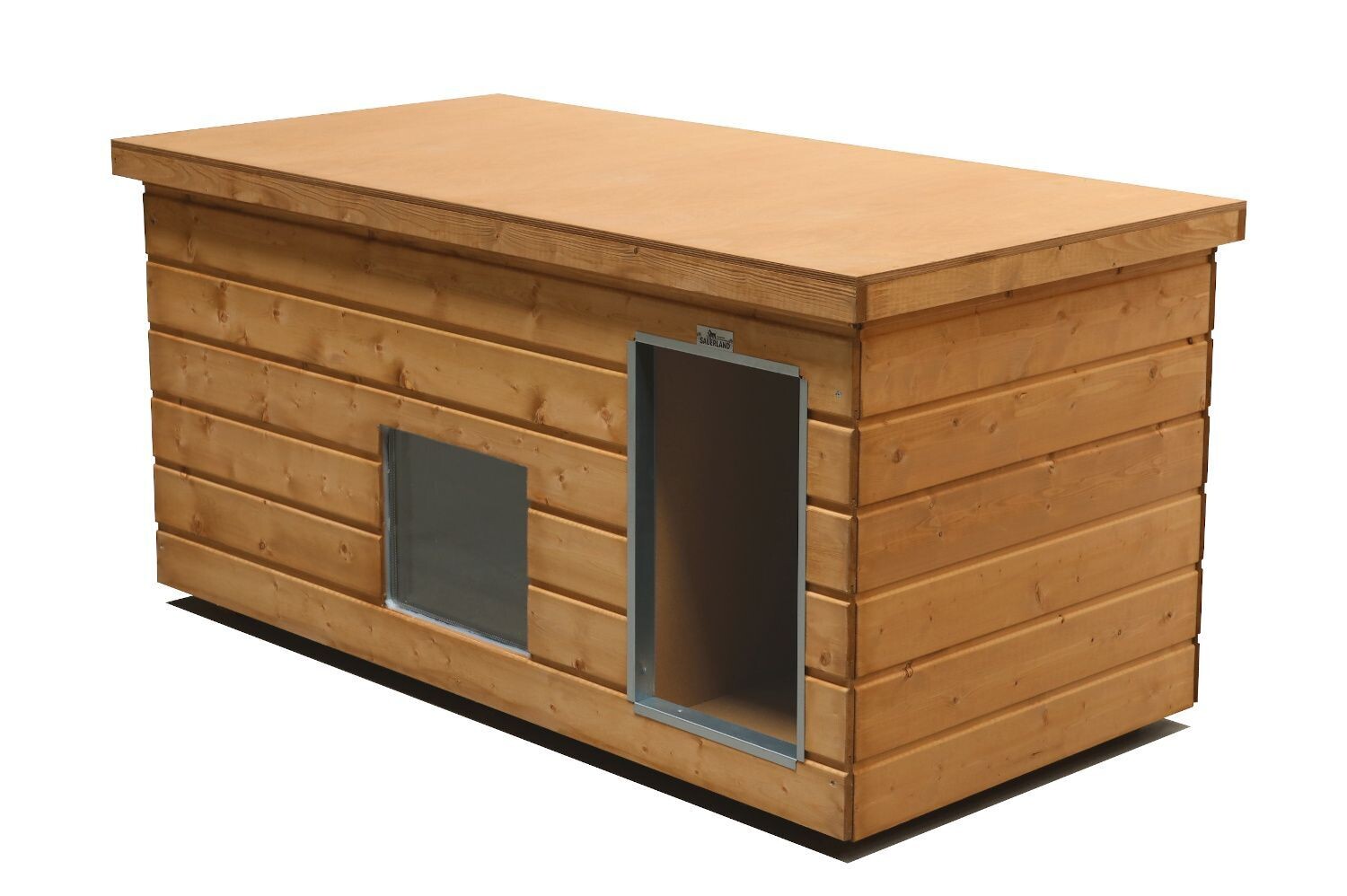 Original SAUERLAND Holz-Hundehütte mit Vorraum und Fenster, braun imprägniert | Flachdach | Eingang Längsseite | Grösse Lassie