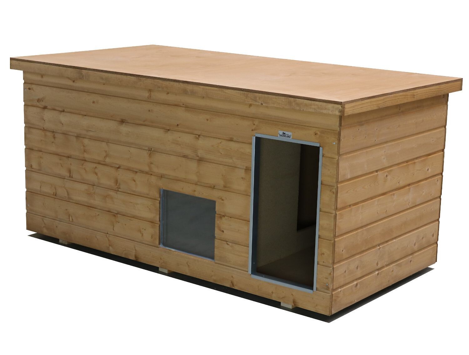 SAUERLAND Holz-Hundehütte mit Vorraum und Fenster, braun imprägniert | Flachdach | Eingang Längsseite | Grösse Dino